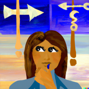A painting of a female salesperson contemplating an important career decision.