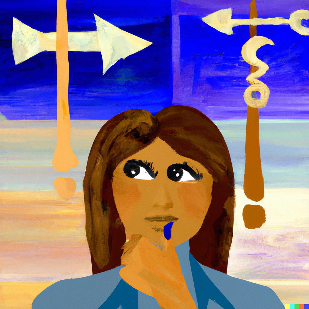 A painting of a female salesperson contemplating an important career decision.