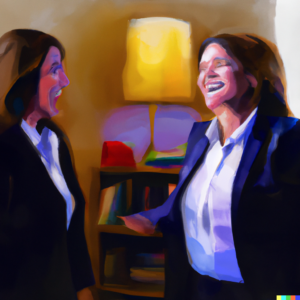 two sales women talking