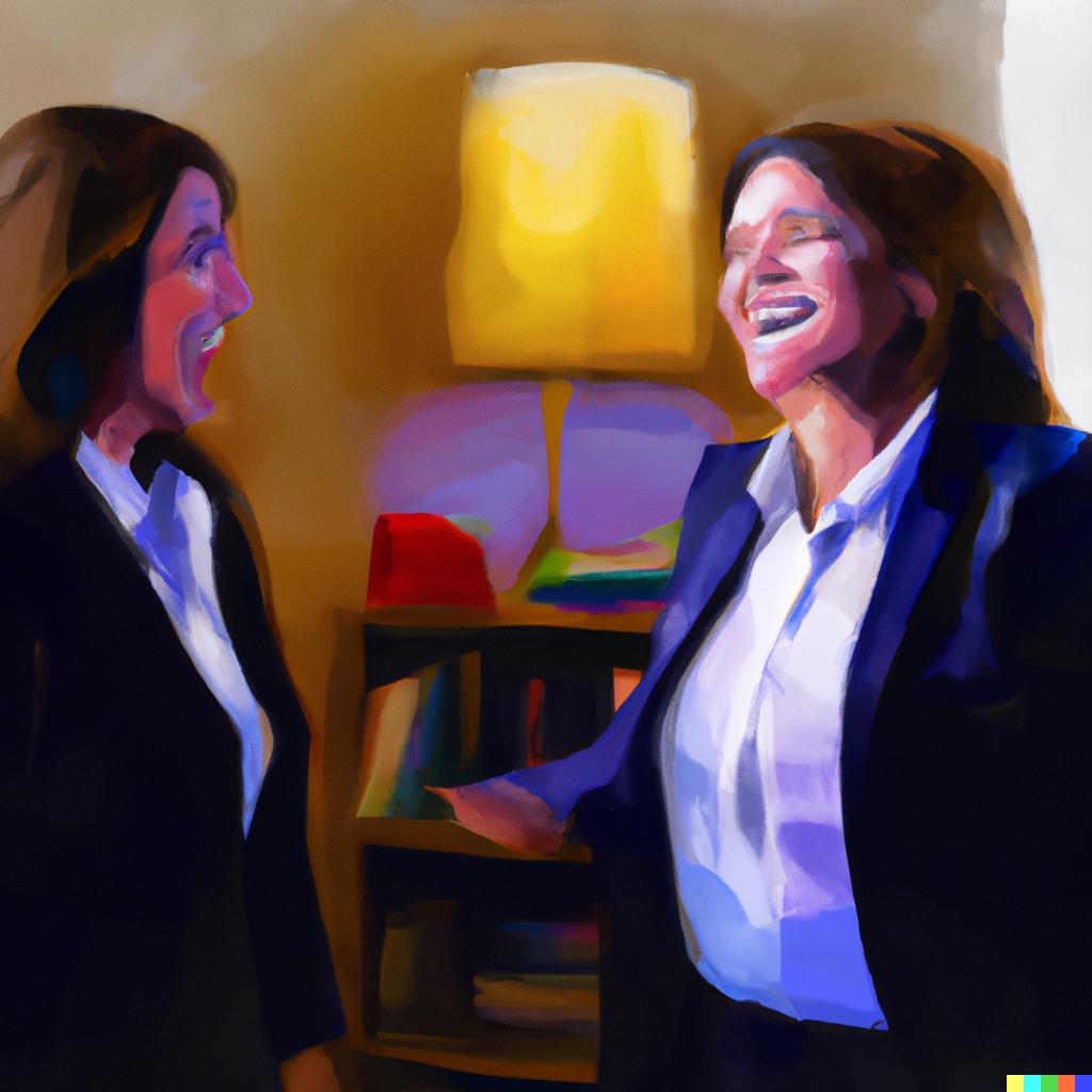 two sales women talking
