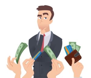 sales person thinking about which person/company is paying well