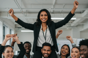 Sales leader celebrated by a diverse sales team.